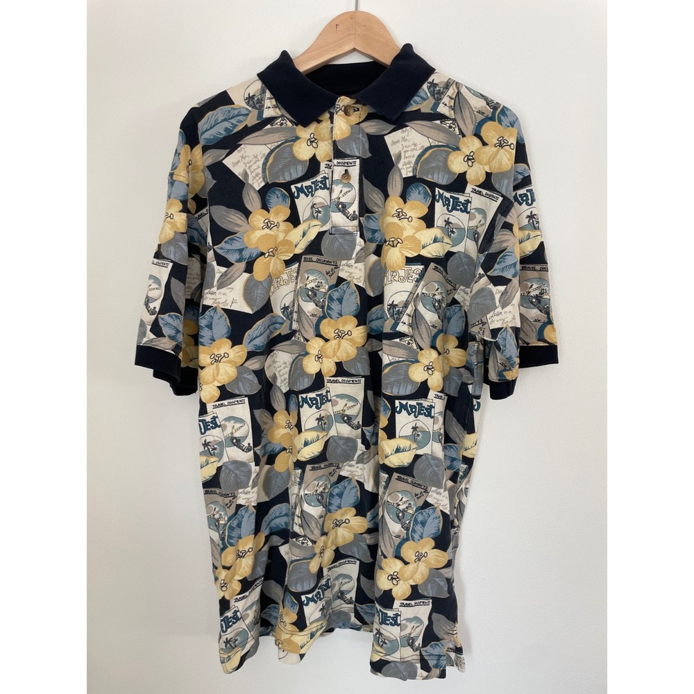 Vintage‎ Weekender Tropical Floral Short Sleeve Button Up Polo Shirt Mens Large